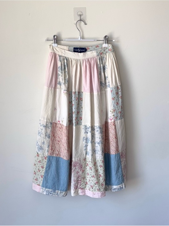 Ralph Lauren Dresses & Skirts - Vintage 80s Ralph Lauren Patchwork Quilt Skirt Size 8 Floral Pastel Blue Label